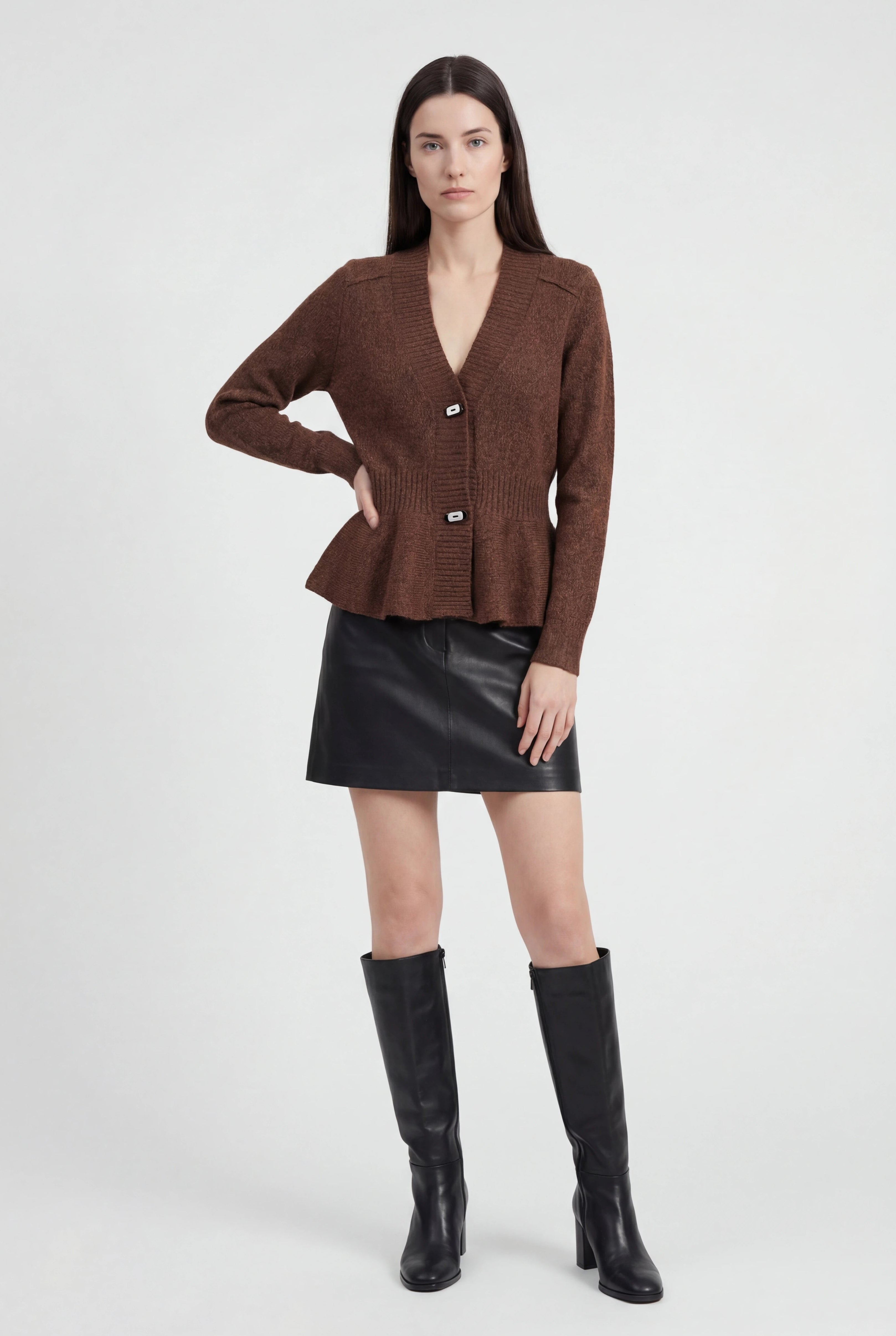 Women's Slim Brown V-Neck Cardigan