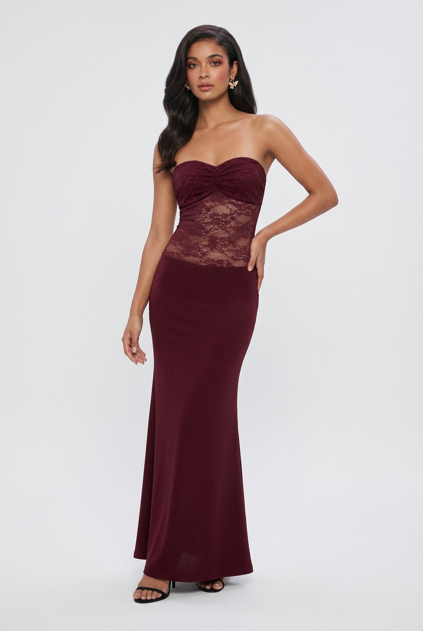Women's Wine Red Lace Mermaid Strapless Formal Evening Prom Gown Dress