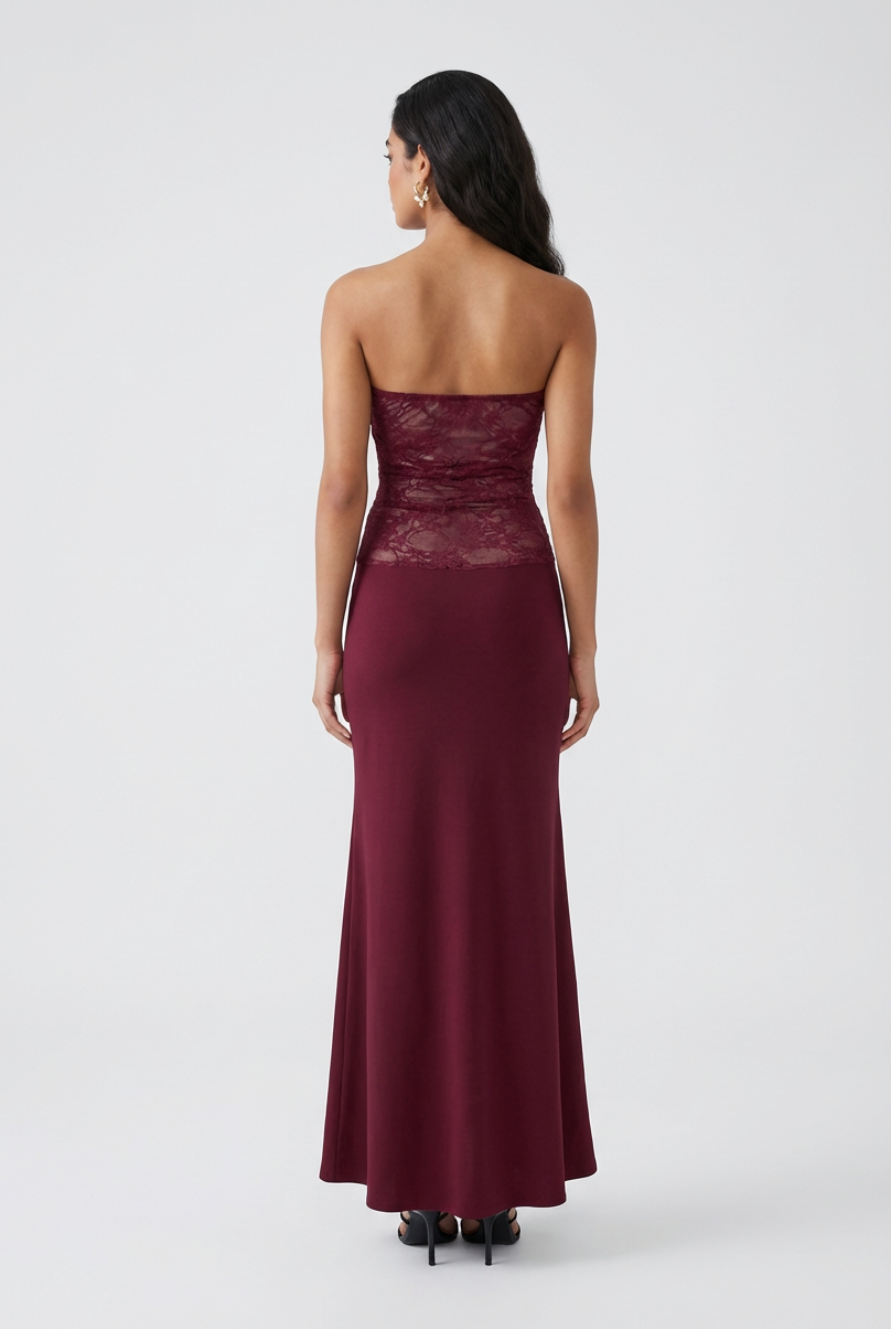 Wine Red Strapless Lace Dress - Mermaid Formal Evening Wear