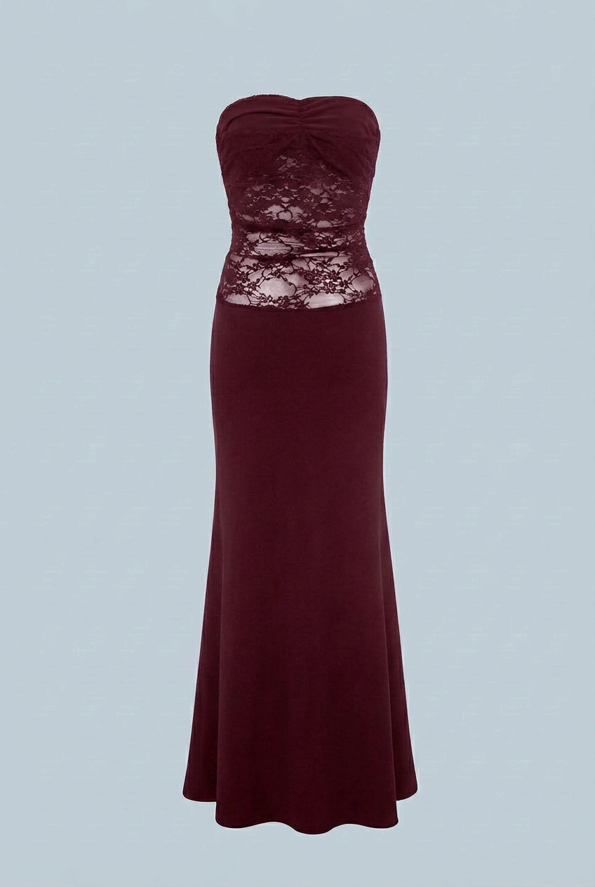 Women's Wine Red Lace Mermaid Strapless Formal Evening Prom Gown Dress