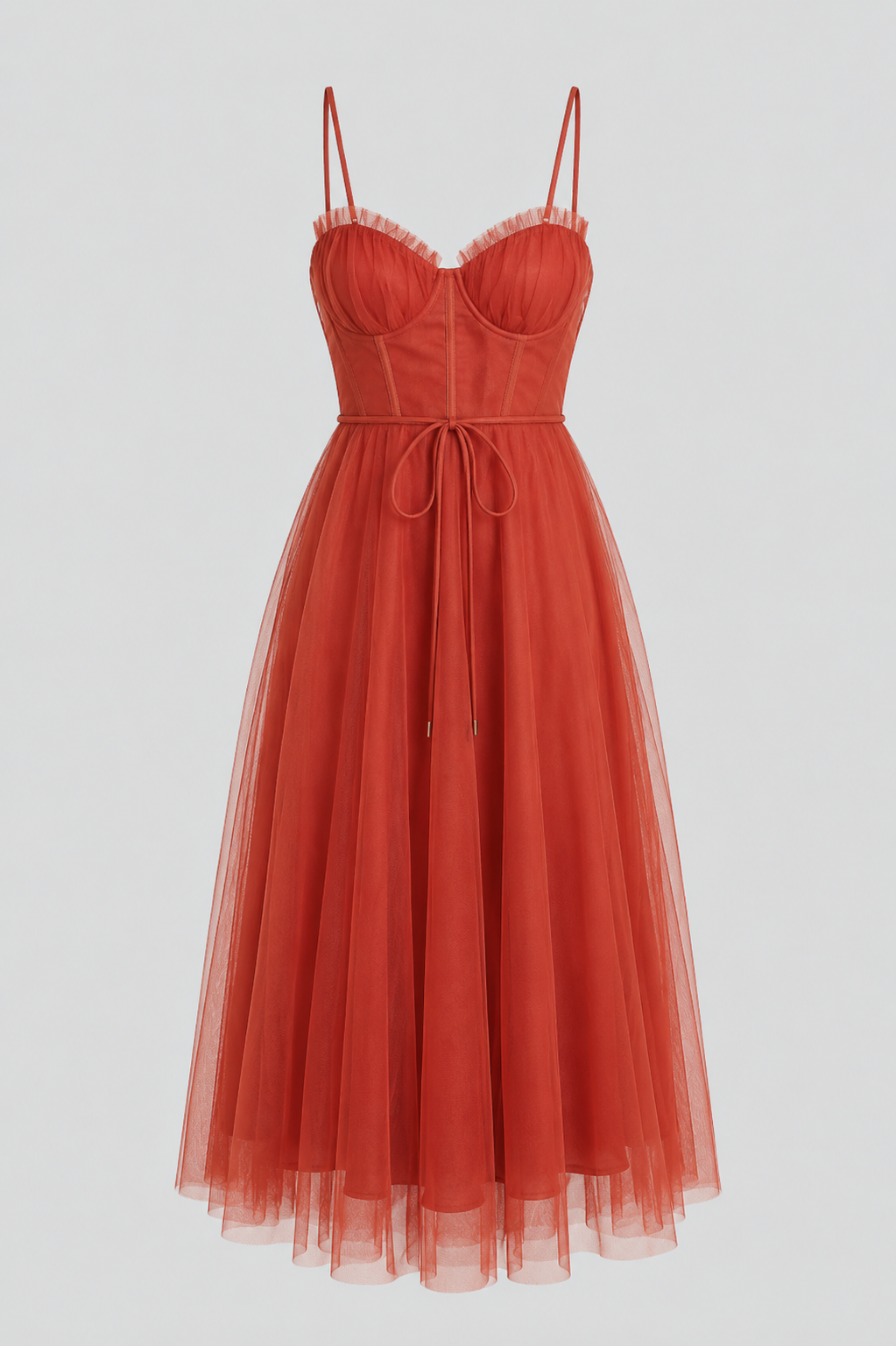 Women's Rust Chiffon Midi Dress with Corset Bodice & Ruffle Trim - view 4