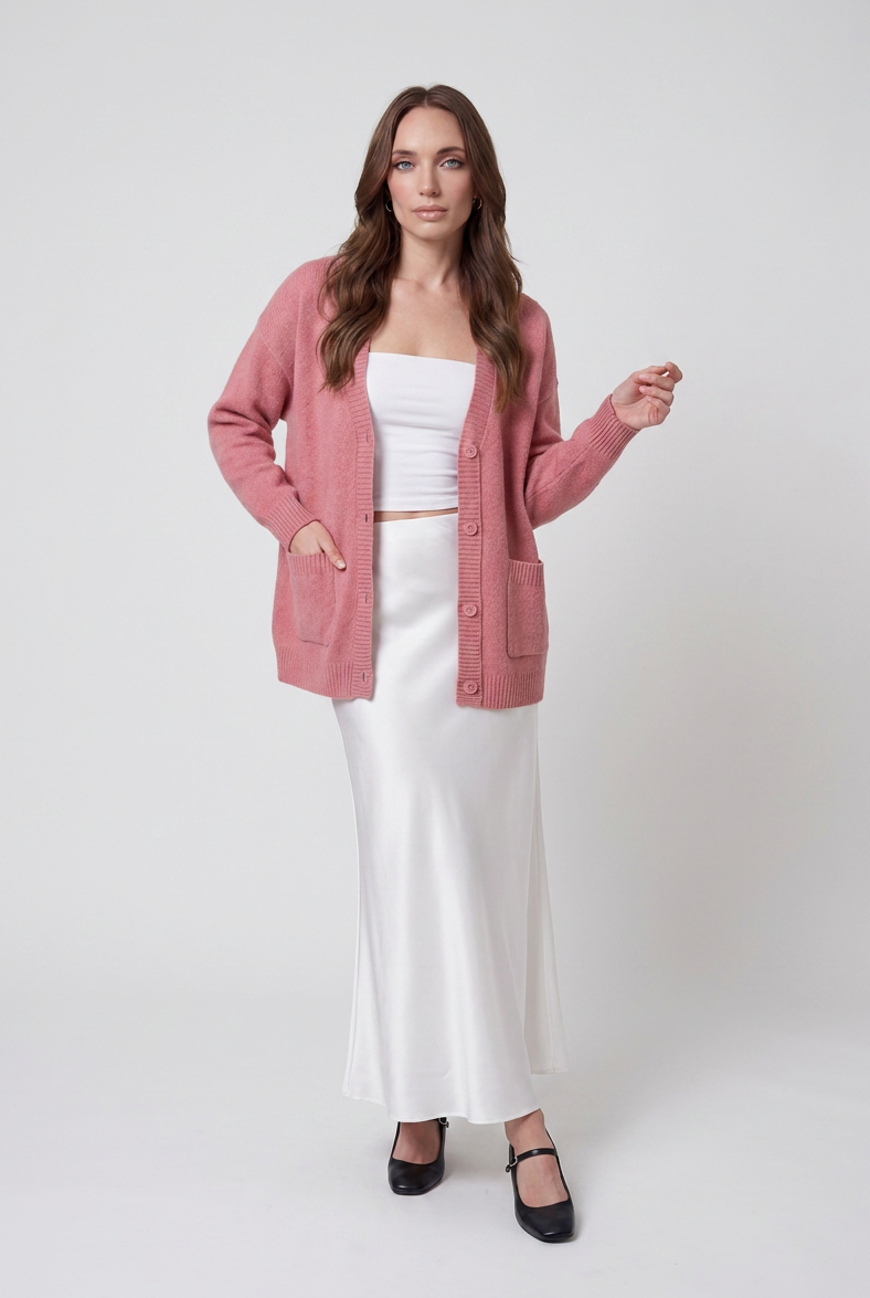 Women's Pink V-Neck Knit Cardigan Sweater - Soft & Lightweight