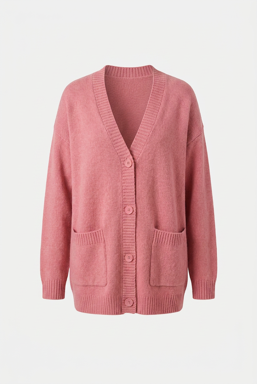 Women's Pink V-Neck Knit Cardigan Sweater - Soft & Lightweight
