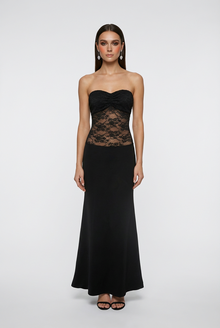 Women's Black Strapless Dress – Sophisticated Sheer Lace Evening Dress