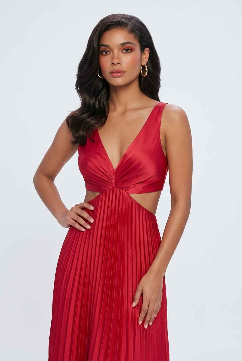 Women’s Bold Red Pleated Dress – Striking Elegance for Memorable Nights