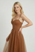 Women's Rust Chiffon Midi Dress with Corset Bodice & Ruffle Trim - Premium Quality, Fast Shipping