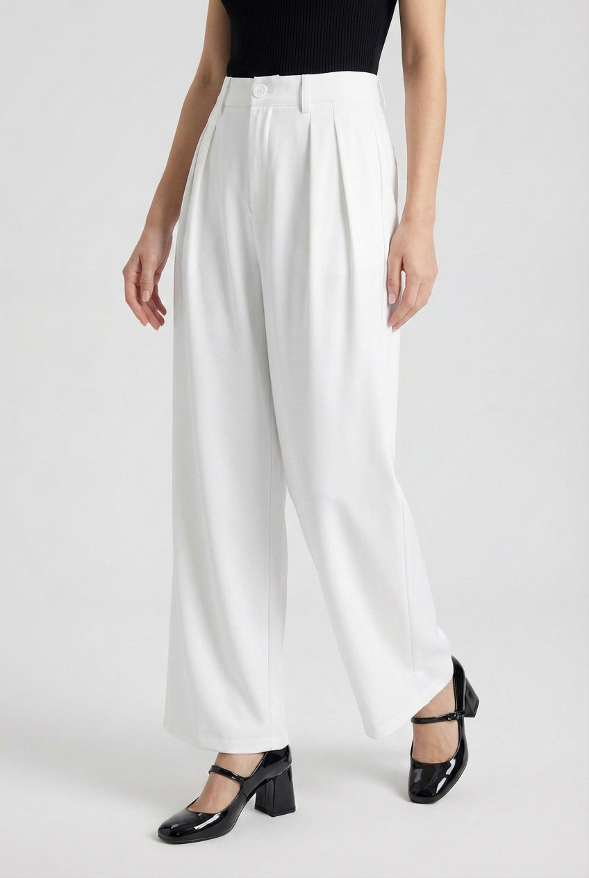 Women's High-Waisted White Pleated Pants