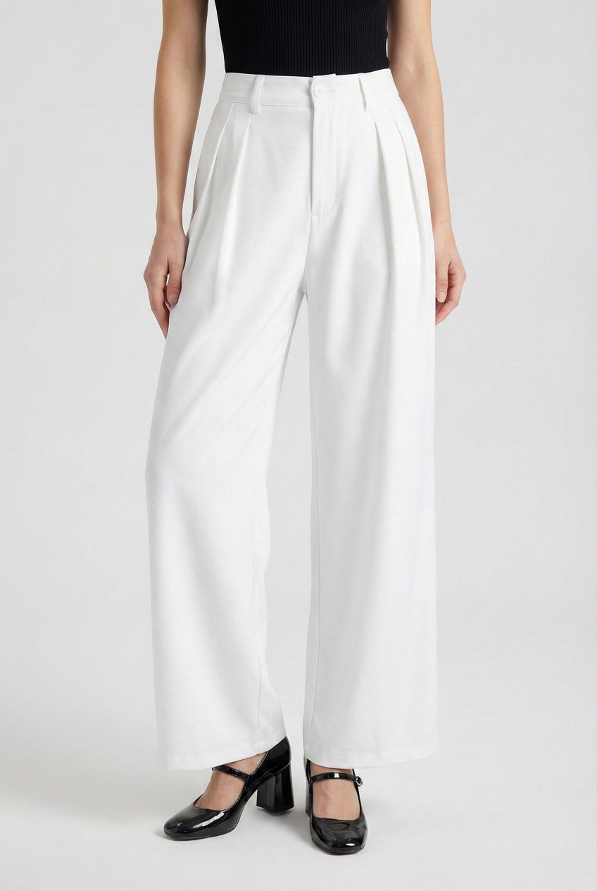 Women's High-Waisted White Pleated Pants