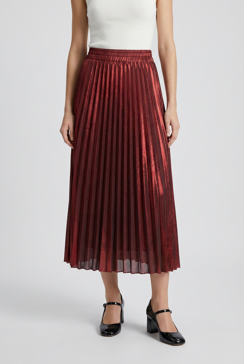 Women's Red Pleated Long Skirt