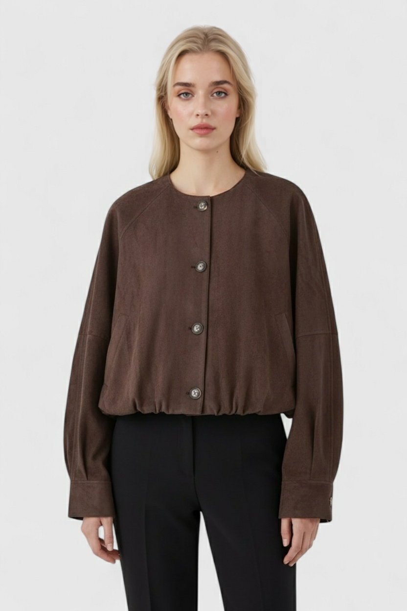 Dames Elegante Ronde Hals Jasje - Koffie