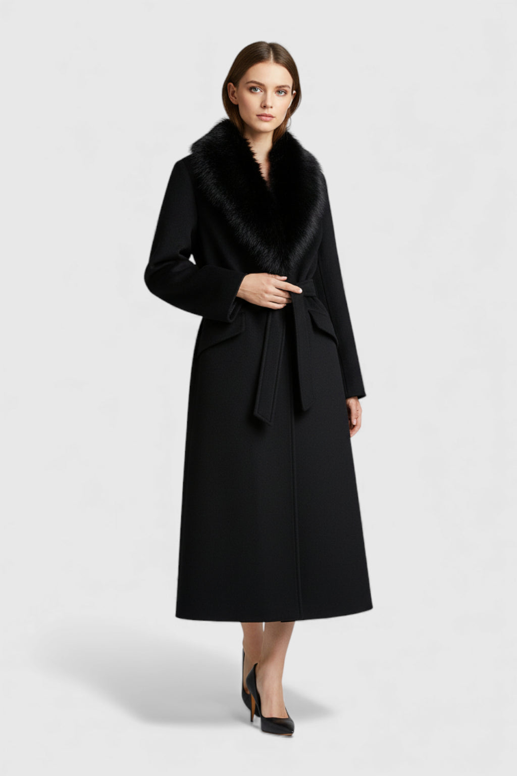 Dames Lange Zwart Wollen Jas met Bontkraag